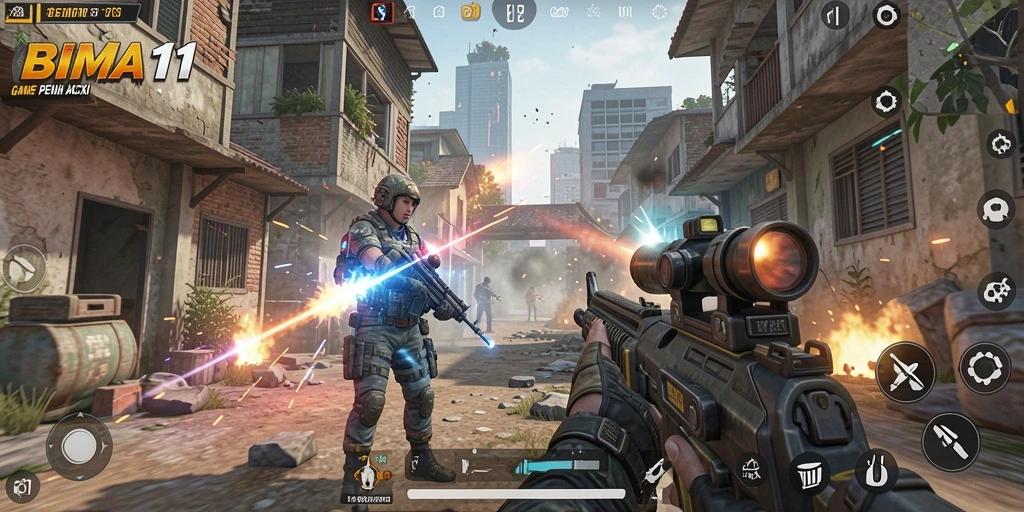 Tampilan gameplay intens BIMA11 dengan aksi pertempuran yang mendebarkan.