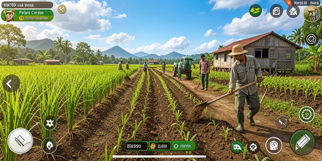 Screenshot gameplay KM789 menampilkan ladang yang subur dan hewan ternak.
