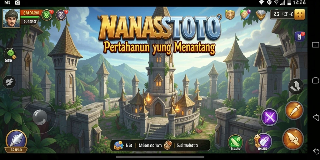 Tampilan gameplay <strong>NANASTOTO</strong> dengan menara pertahanan beraksi.