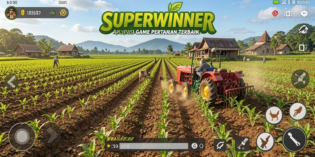Screenshot gameplay SUPERWINNER menampilkan aktivitas berkebun seru.