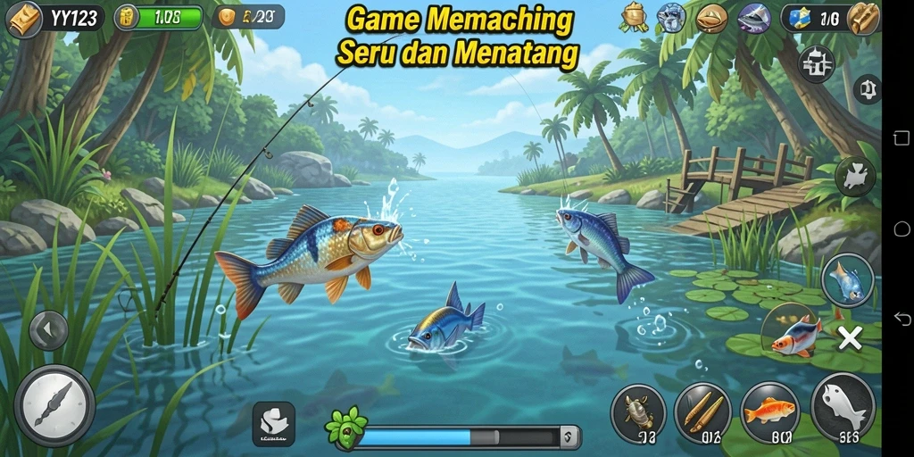 Screenshot YY123 menampilkan momen seru saat memancing ikan besar di danau.